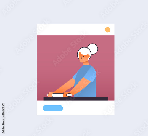 woman food blogger preparing new recipe female chef in web browser window telling how to cook dish online cooking school concept portrait vector illustration