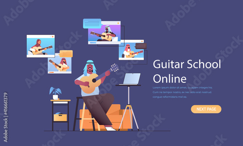 arab man playing guitar with mix race people in web browser windows during virtual conference online music school concept horizontal copy space vector illustration