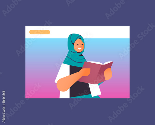 arab woman reading book in web browser window online teacher e-learning distance education concept horizontal portrait vector illustration