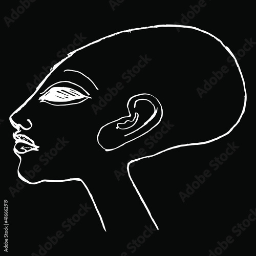 Head of bald ancient Egyptian princess in profile. Daughter of pharaoh Akhenaten. Amarna style. Hand drawn linear rough sketch. White silhouette on black background.