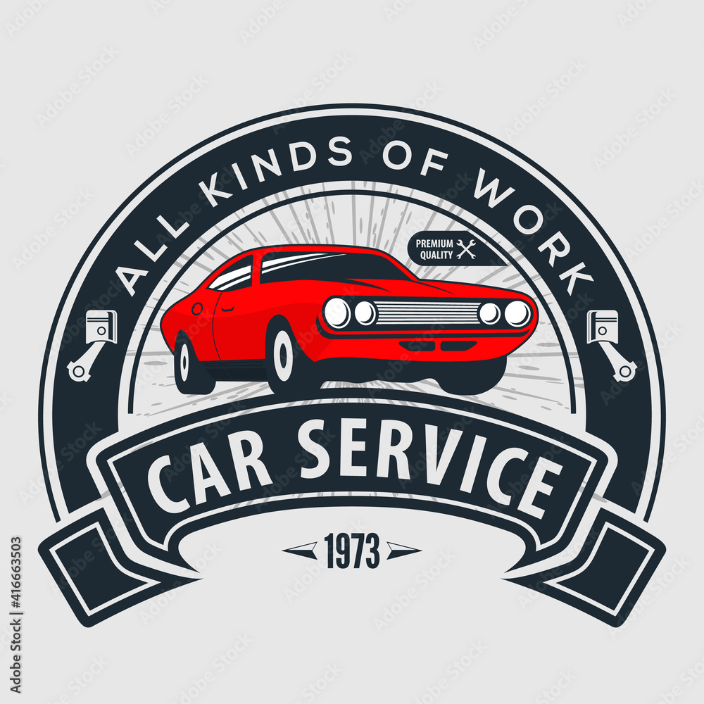 Car repair service, vintage Logo design concept with classic car. Vector illustration