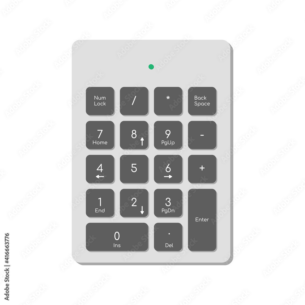 Wireless digital keyboard for computer complete with numbers, function keys and power indicator. A modern image of a computer keyboard. Flat vector illustration Wireless digital keyboard for computer complete with numbers, function keys and power indicator. A modern image of a computer keyboard. Flat vector illustration