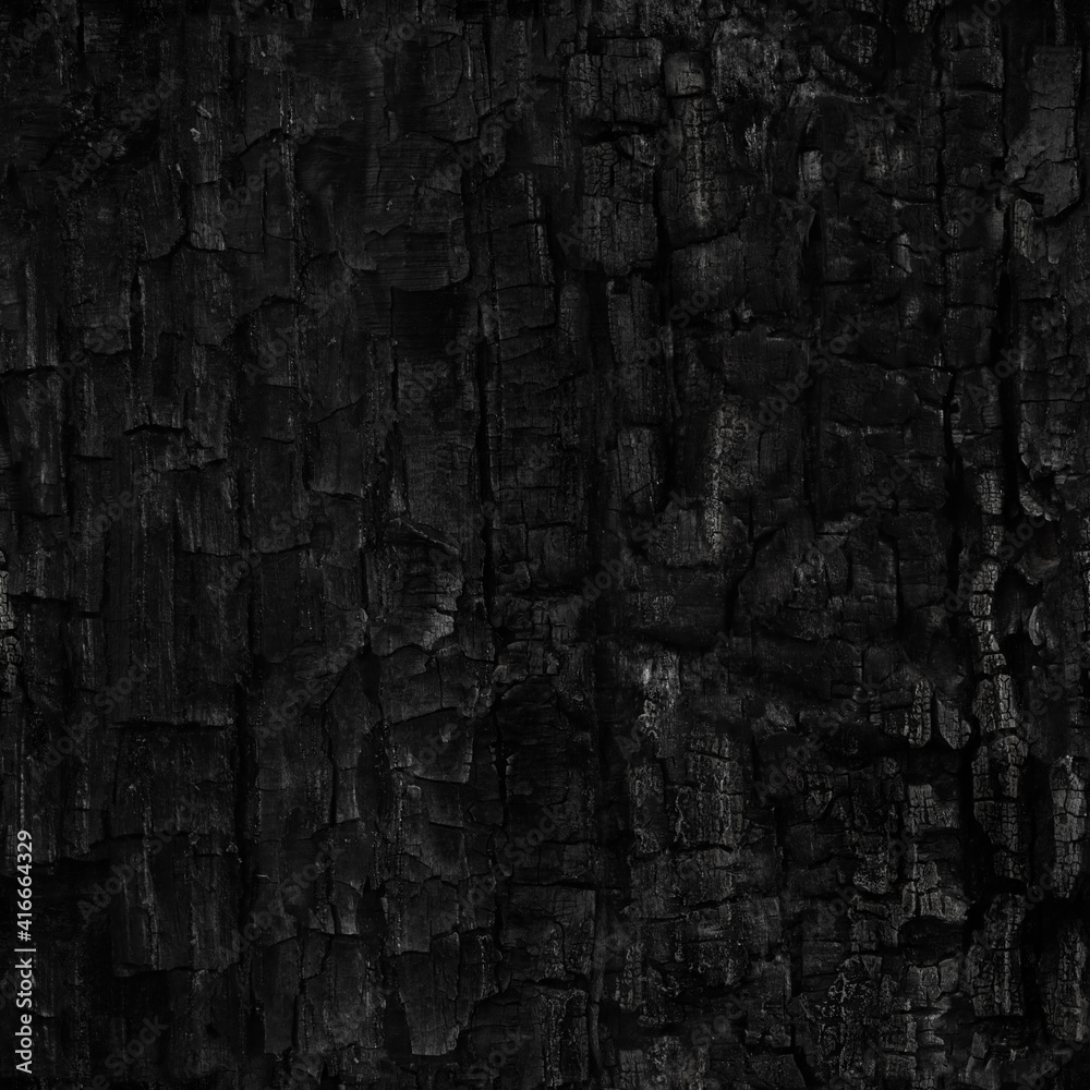 Dark black background of rough burnt wood, soot, and ash. Burn texture ...