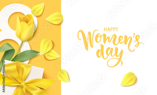 Happy Womens Day. 8 March design template. Calligraphic lettering text with decorative gift box and yellow tulip flower. Vector stock illustration	