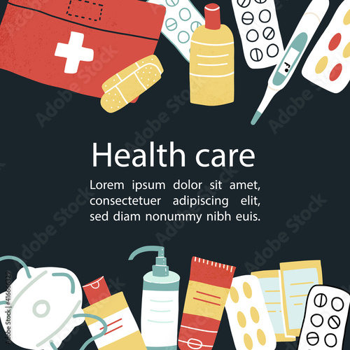 Covid-19 and other infection disease prevention banner. First aid kit, face mask, flu relief, pills, thermometer