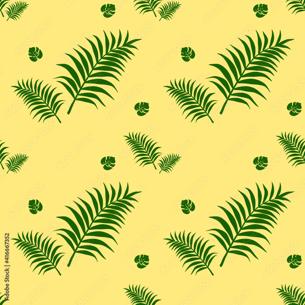 Green palm leaves on a yellow background, texture for design, seamless pattern, vector illustration