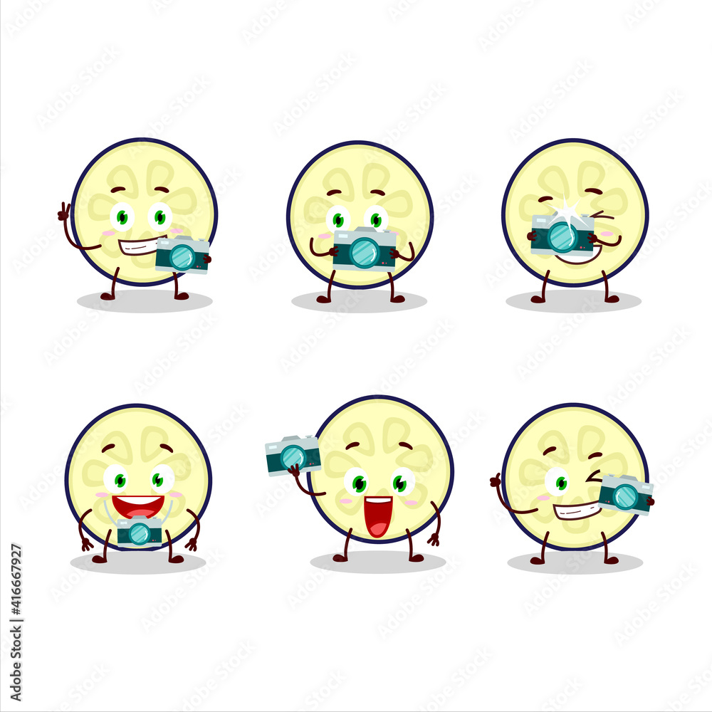 Photographer profession emoticon with slice of eggplant cartoon character Photographer profession emoticon with slice of eggplant cartoon character