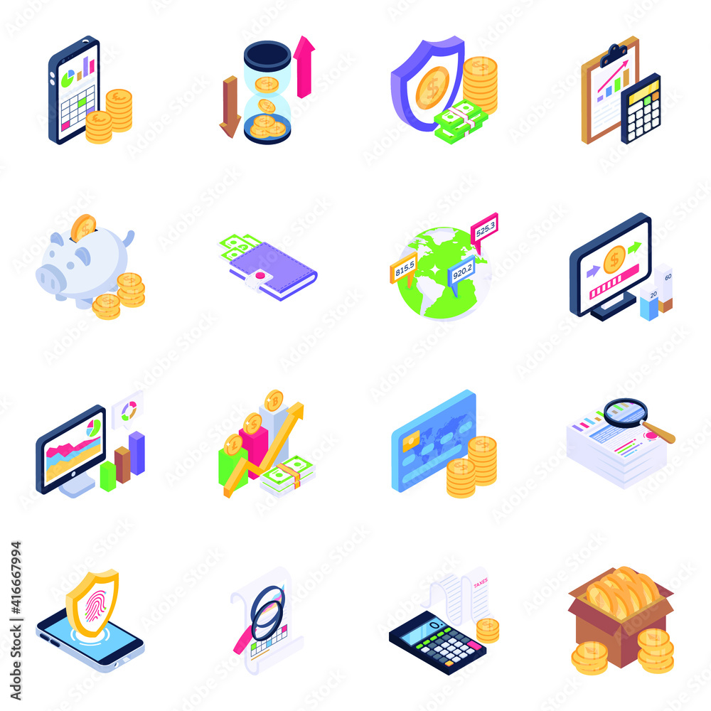 Icons of Banking and Finance in Isometric Design
Icons of Banking and Finance in Isometric Design