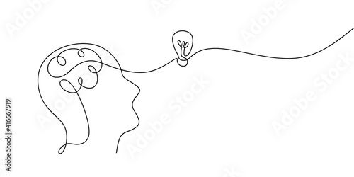 Continuous one drawn line of a man thinking with light bulb in front of his head. Allegory of solution and creative search. Minimalism concept of idea and creativity.