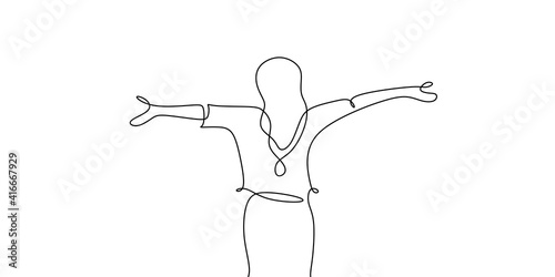 Continuous line art or One Line Drawing of a woman stretching arms is relaxing picture isolated on white background.