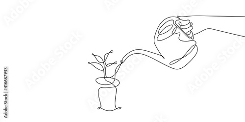continuous line drawing watering plants isolated on white background.
