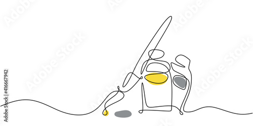 One single continuous line drawing of painting equipment with brush, yellow and grey ink isolated on white background.