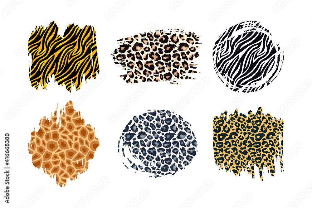 © Ketmut - Hand drawn vector leopard, zebra, cheetah, tiger and giraffe textured ink brush strokes artistic backgrounds set. Paint spots with animal skin pattern texture. Stain shape design element © Ketmut - Hand drawn vector leopard, zebra, cheetah, tiger and giraffe textured ink brush strokes artistic backgrounds set. Paint spots with animal skin pattern texture. Stain shape design element