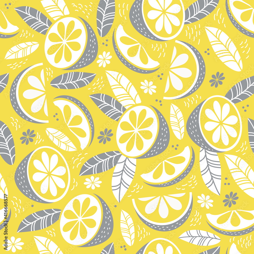 Seamless pattern in yellow-gray color. Decor, citrus fruits, leaves and branches on a yellow background. Vector illustration. For textiles, wallpaper, design, printing, packaging and decoration