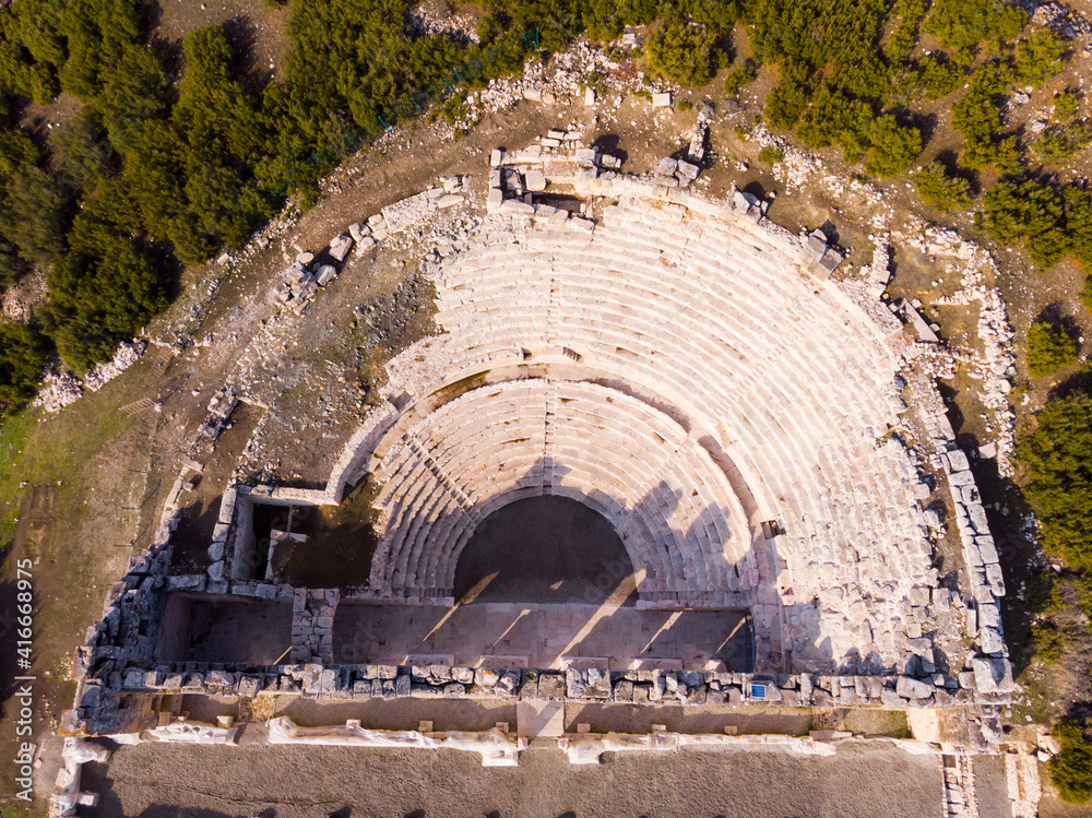 Aerial drone view of ancient greek amphitheater Odeon at Kibyra