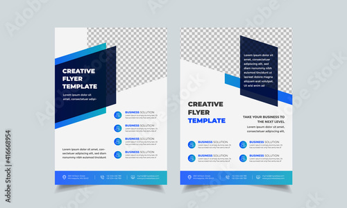 Set of flyer design layout, geometric business flyer template, complex blue colorful gradient ad in a4