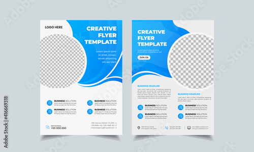 Set of flyer design layout, geometric business flyer template, complex blue colorful gradient ad in a4