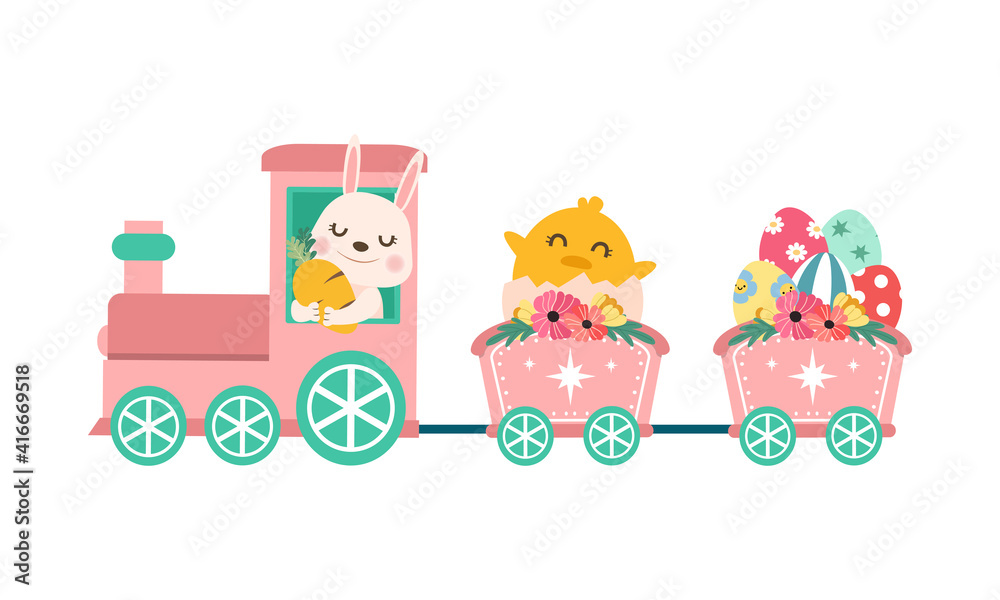 Obraz premium Cute pink easter train with rabbit and chick. Happy Easter celebration card design. Flat vector cartoon