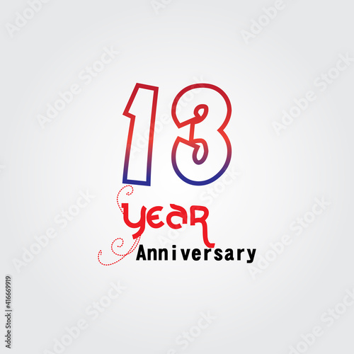 13 years anniversary celebration logotype. anniversary logo with red and blue color isolated on gray background, vector design for celebration, invitation card, and greeting card