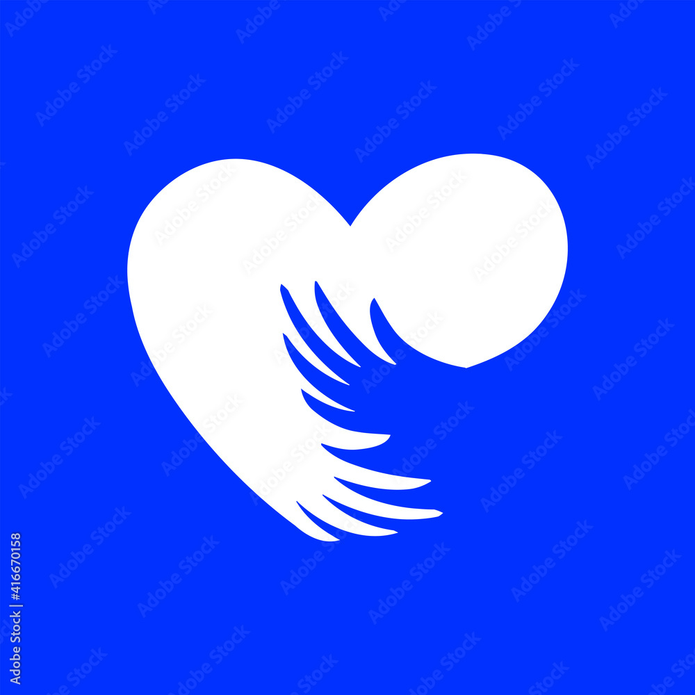 Arms around the heart. Flat character on blue background. Arms around the heart. Flat character on blue background.