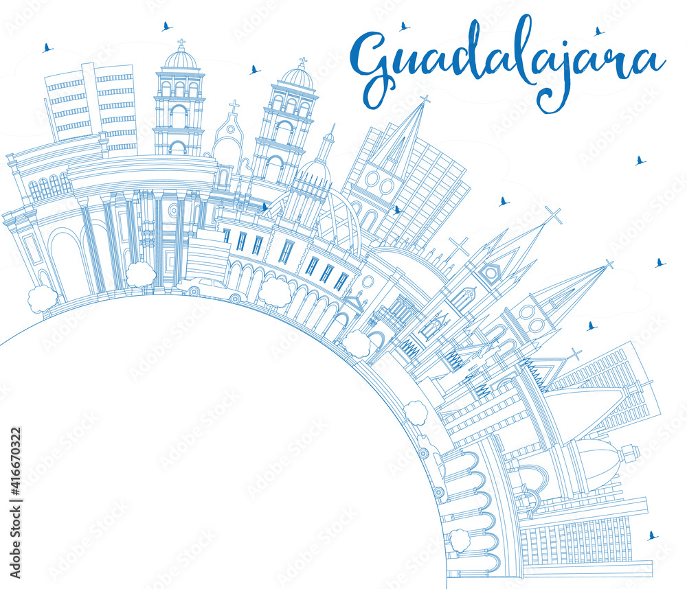 Outline Guadalajara Mexico City Skyline with Blue Buildings and Copy Space.