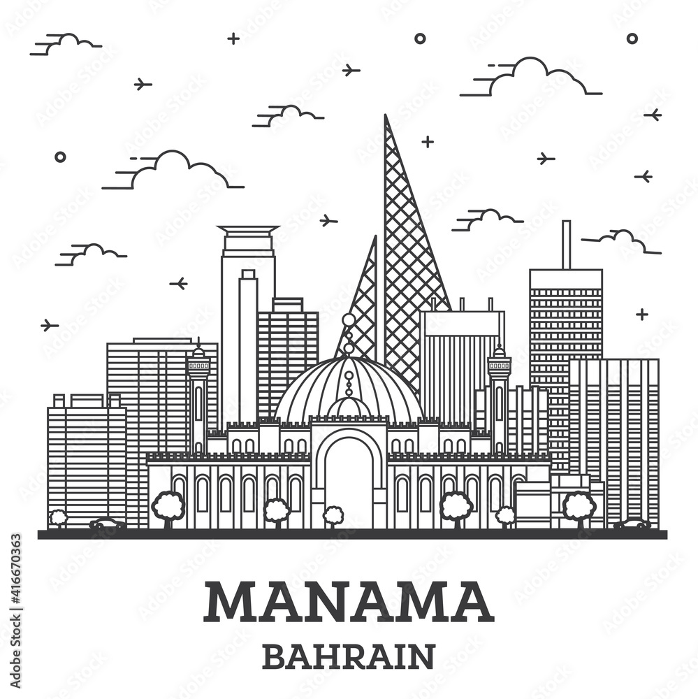 Outline Мanama Вahrain City Skyline with Modern Buildings Isolated on White.