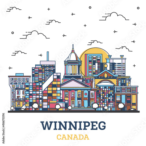 Outline Winnipeg Canada City Skyline with Colored Historic Buildings Isolated on White.