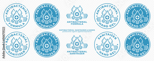 Concept for product packaging. Marking - antibacterial formula and sanitizer. Medical microorganism icon - drops and hands - a symbol of antibacterial gel. Vector set.