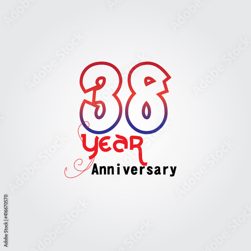 38 years anniversary celebration logotype. anniversary logo with red and blue color isolated on gray background, vector design for celebration, invitation card, and greeting card