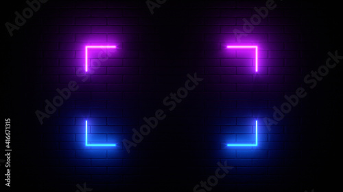 Neon sign on a brick wall. Glowing purple rectangle. Abstract background, spectrum vibrant colors. 3d render illustration.