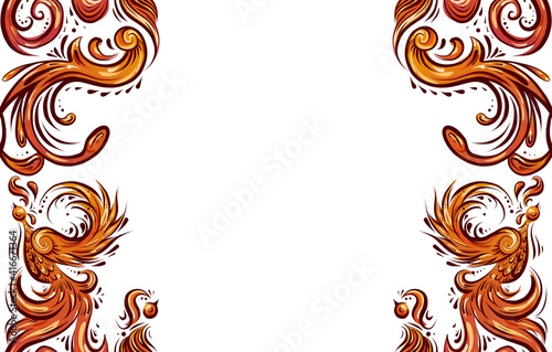Horizontal card with bird pattern with curled tails, wings and place for text. Symmetrical decoration in bright orange color. Vintage curled animal ornament. Vector template for banner and invitation