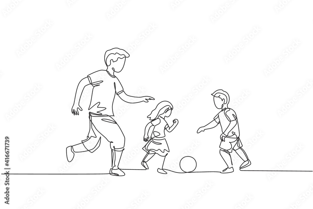 One single line drawing of young father run and play football soccer with his son and daughter at public park vector illustration. Happy family parenting concept. Modern continuous line draw design One single line drawing of young father run and play football soccer with his son and daughter at public park vector illustration. Happy family parenting concept. Modern continuous line draw design