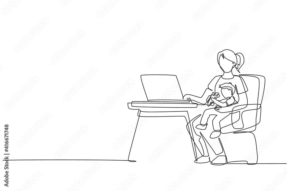 Single continuous line drawing of young mom siting on chair and holding her son while typing on laptop, work from home. Happy family parenting concept. One line draw design vector illustration graphic