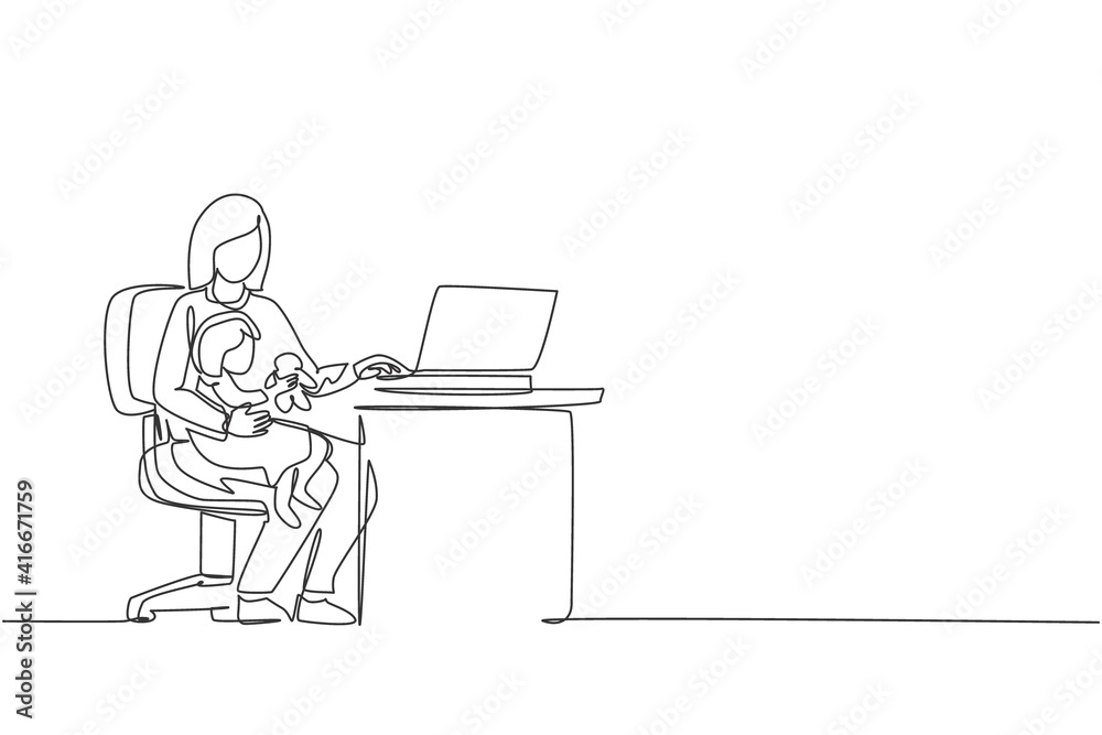 Single continuous line drawing of young mother siting on chair and holding her daughter while typing on laptop, work from home. Happy family parenting concept. One line draw design vector illustration