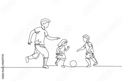 One single line drawing of young father run and play football soccer with his son and daughter at public park vector illustration. Happy family parenting concept. Modern continuous line draw design