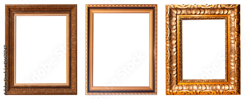 Set of gilded antique picture frames isolated on white background.