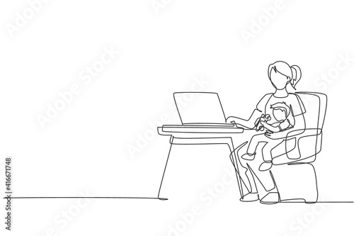 Single continuous line drawing of young mom siting on chair and holding her son while typing on laptop, work from home. Happy family parenting concept. One line draw design vector illustration graphic
