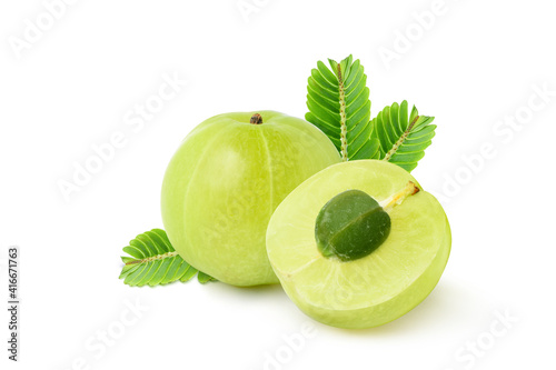  Fresh Amla  (Indian gooseberry) fruits with cut in half and leaves   isolated on white background.