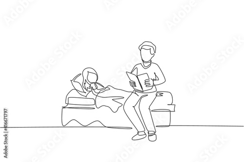 One continuous line drawing of young dad siting on bed room and reading story book to his daughter before sleeping. Happy family parenthood concept. Dynamic single line draw design vector illustration
