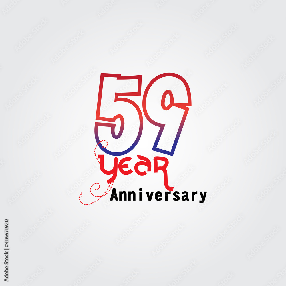 59 years anniversary celebration logotype. anniversary logo with red and blue color isolated on gray background, vector design for celebration, invitation card, and greeting card