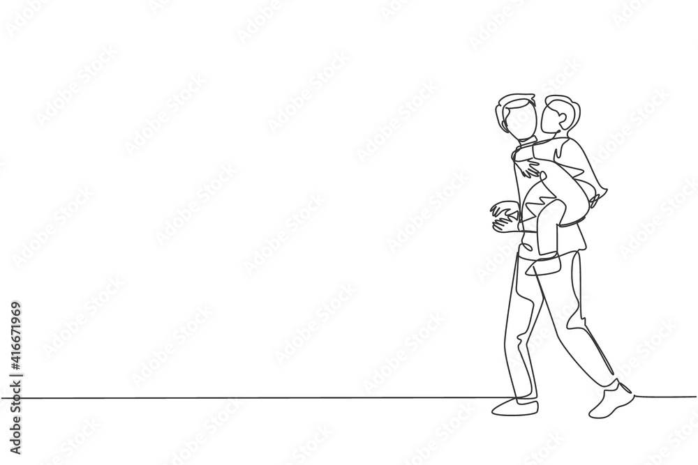 One single line drawing of young father talking to his sleepy son while carrying him on back go to the bed room vector illustration. Happy family parenting concept. Modern continuous line draw design