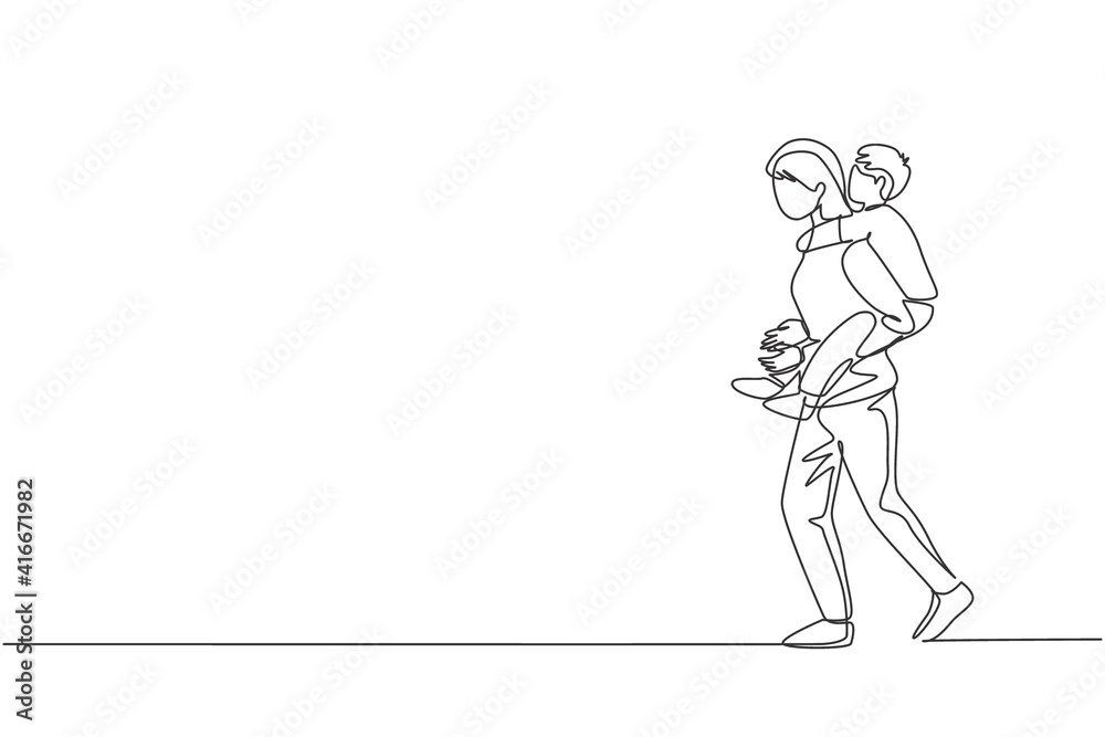 One continuous line drawing of young mother walking while carrying her sleepy tired son on back go to the bed room. Happy family parenthood concept. Dynamic single line draw design vector illustration