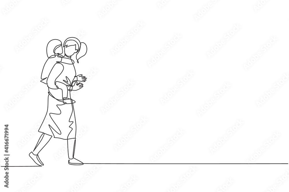 One single line drawing of young mom talking while carrying her sleepy tired daughter on back go to the bed room vector illustration. Happy family parenting concept. Modern continuous line draw design One single line drawing of young mom talking while carrying her sleepy tired daughter on back go to the bed room vector illustration. Happy family parenting concept. Modern continuous line draw design