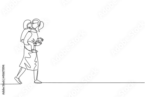 One single line drawing of young mom talking while carrying her sleepy tired daughter on back go to the bed room vector illustration. Happy family parenting concept. Modern continuous line draw design