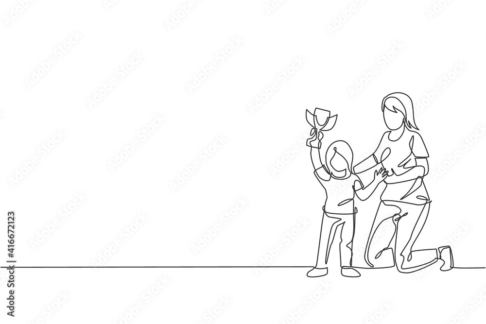 Single continuous line drawing of young mom congratulate her daughter who win first place trophy at study competition. Happy family parenthood concept. Trendy one line draw design vector illustration