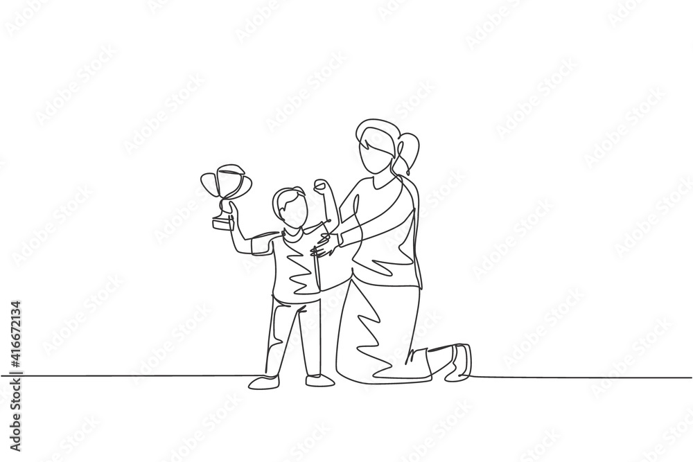 Single continuous line drawing of young mother congratulate her son who win first place trophy at study competition. Happy family parenthood concept. Trendy one line draw design vector illustration