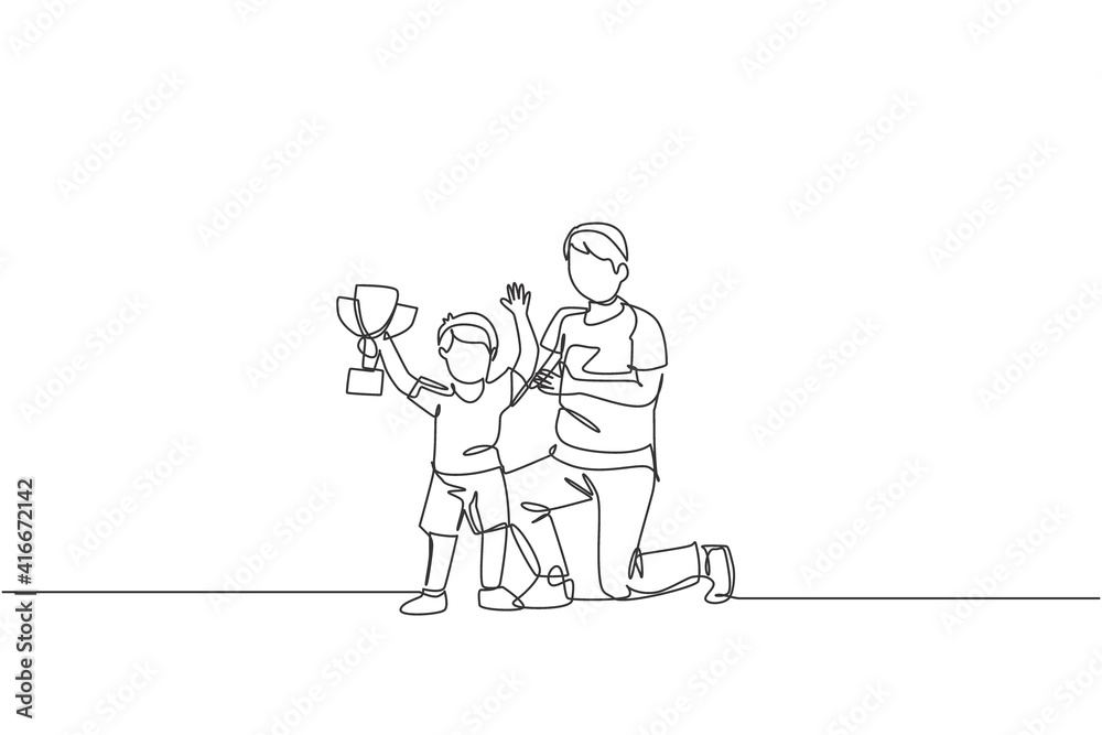 One continuous line drawing young dad congratulate his son who win first place trophy at study competition. Happy family parenthood concept. Dynamic single line draw graphic design vector illustration