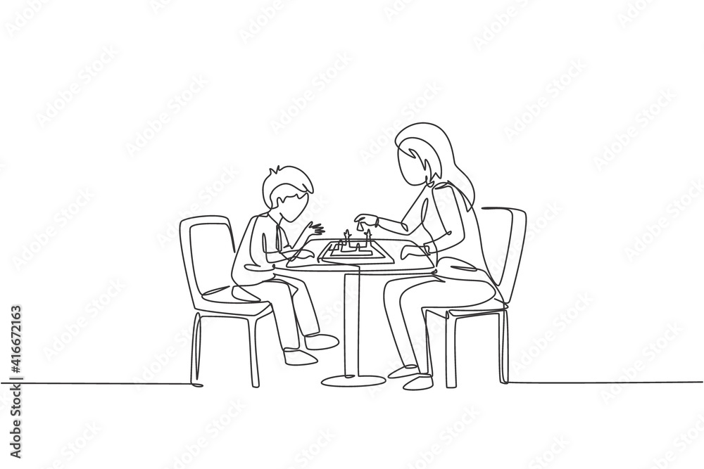 Single continuous line drawing of young mother sitting on chair think seriously playing chess against her son at home. Happy family parenthood concept. Trendy one line draw design vector illustration Single continuous line drawing of young mother sitting on chair think seriously playing chess against her son at home. Happy family parenthood concept. Trendy one line draw design vector illustration