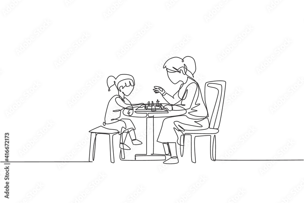 One single line drawing of young mom and her son siting on chair and playing chess game together at home vector illustration. Happy family bonding concept. Modern continuous line draw design graphic