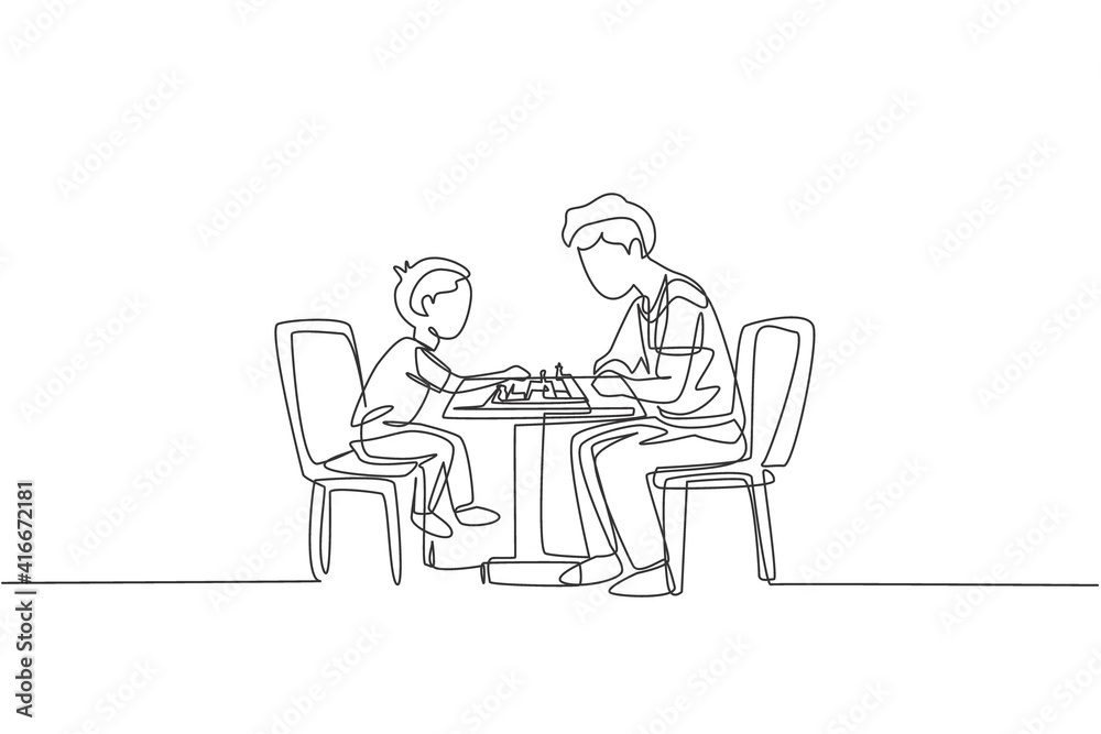 custom made wallpaper toronto digitalOne continuous line drawing young dad and his son siting on chair and playing chess game together at home. Happy family parenthood concept. Dynamic single line draw design vector illustration graphic